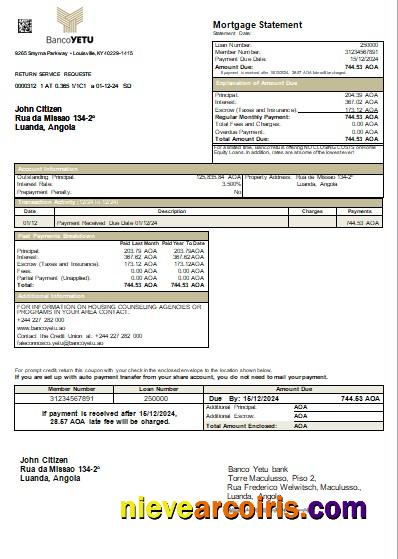Angola Banco Yetu bank mortgage statement